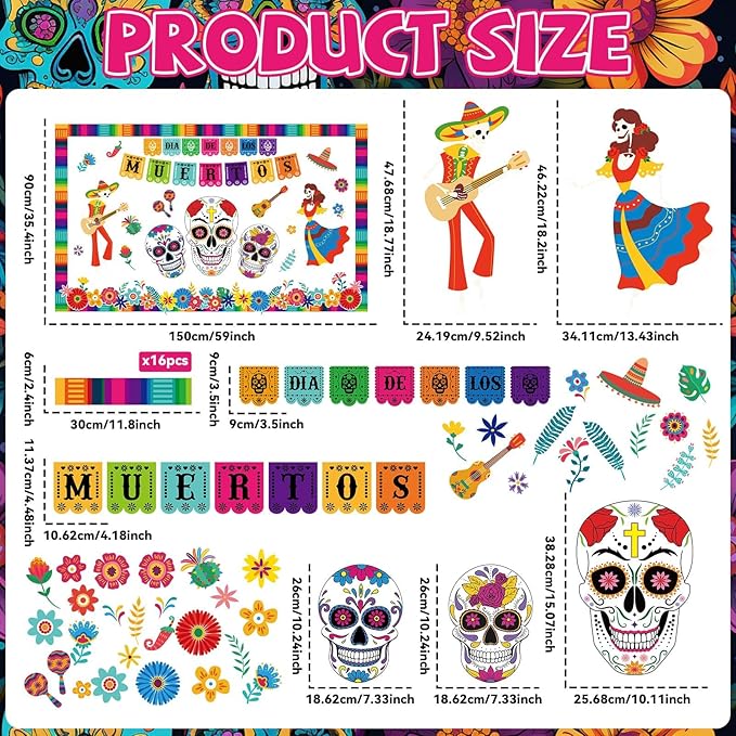 Dia De Los Muertos Bulletin Board Decorations Day of The Dead Altars Decor Colorful Sugar Skull Paper Cutouts Mexican Fiesta Party Supplies for Mexican Home School Halloween Holiday Wall Decor