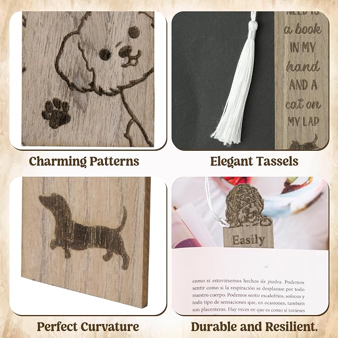 TICIAGA Wooden Dog Animal Bookmark - 4PCS Walnut Puppy Pet Bookmark Bulk with Tassel for Book Lover, Cute Dog Wooden Carving Book Mark Gift for Reading, Teacher Appreciation Gifts for Pet Lover