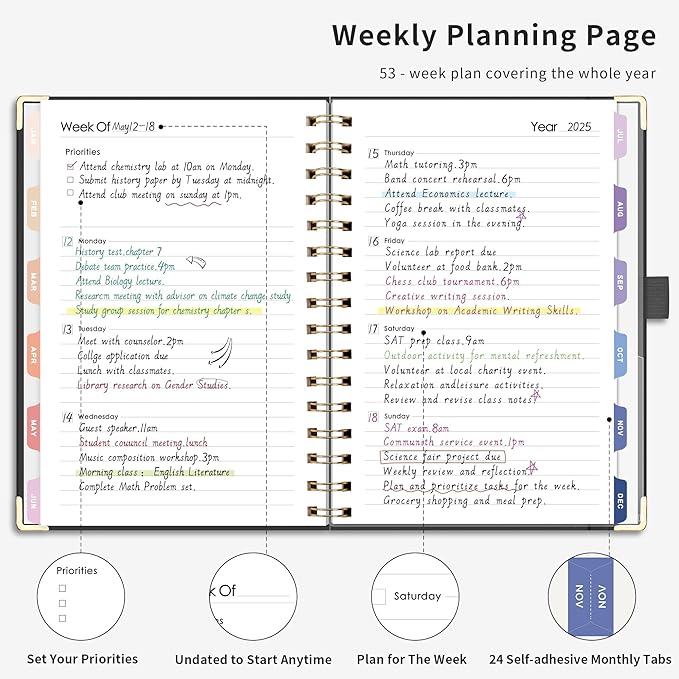 RETTACY Undated Planner, Weekly and Monthly, 53 Weeks and 12 Months, Medium Size (5.7" x 8.3"), 24 Self-adhesive Monthly Tabs, Hardcover, 100 GSM Thick Paper, Spiral-bound (Black)