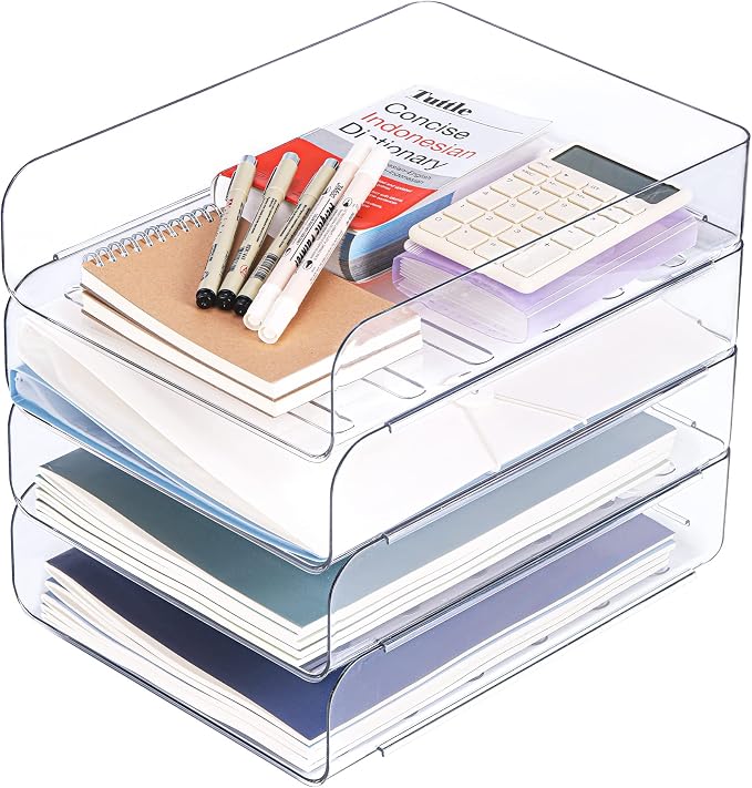 CiWiVOKi Set of 4 Office Organization and Storage, Clear PET Letter Tray Desk Organizer, Stackable Paper Tray Organizer for Desk Accessories, Notes, Pens, File Paper, Document