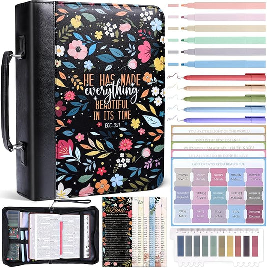 XKDOUS Bible Cover Case for Women, Leather Bible Bags with Study Supplies Large Book Carrying Case Church Book Holder Organizer Christian Gifts for Mom Lady Men