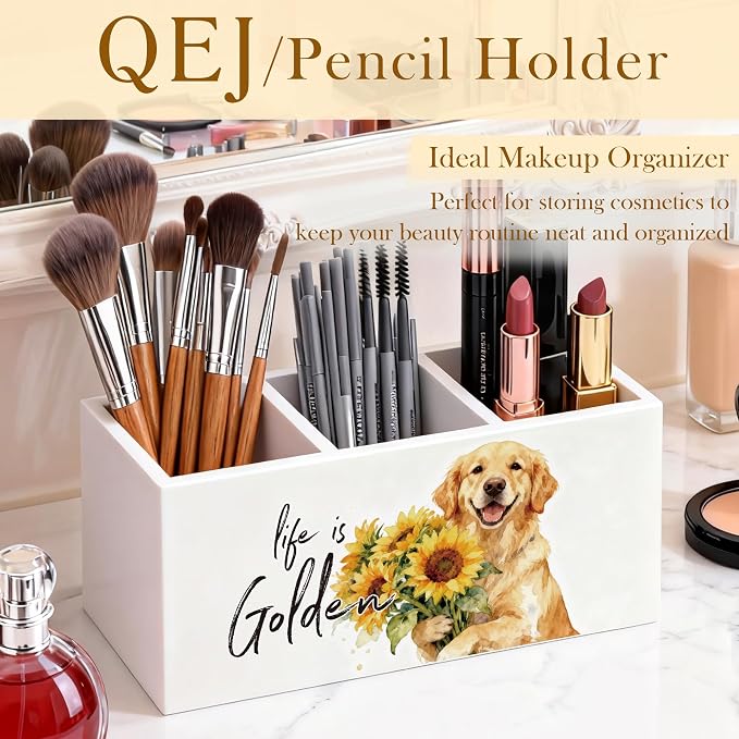 Golden Retriever Gifts Pen Holder for Desk, Golden Retriever Gifts for Women, Sunflower Floral Dog Wooden Box Pencil Pen Organizer for Home Office Desk Tabletop