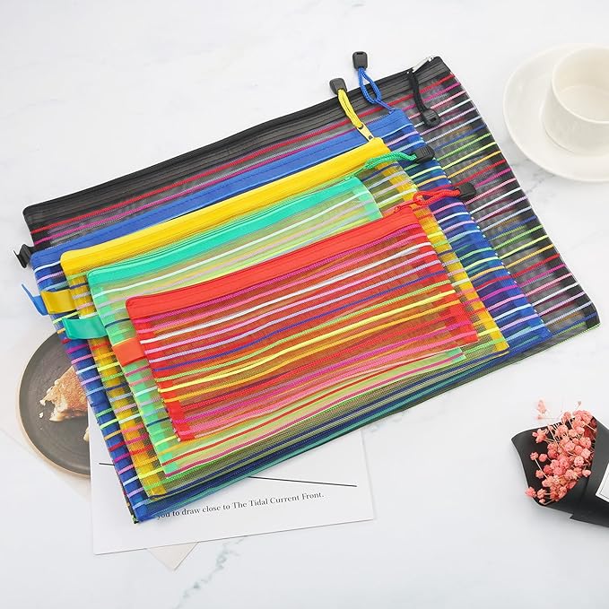 Twistover 50 Pcs Mesh Zipper Pouch Bag Bulk for Organizing 5 Sizes, 5 Color Large Small Mesh Travel Organizer Pouch Cosmetic Purse Toiletry Case Multipurpose Makeup File Storage for Home Office Supply