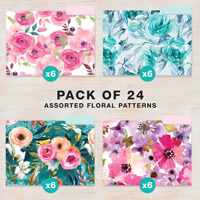Global Printed Products Deluxe Designer Printed File Folders, 1/3 Cut Tab, Assorted Positions, Letter Size, 24/pk (Floral)