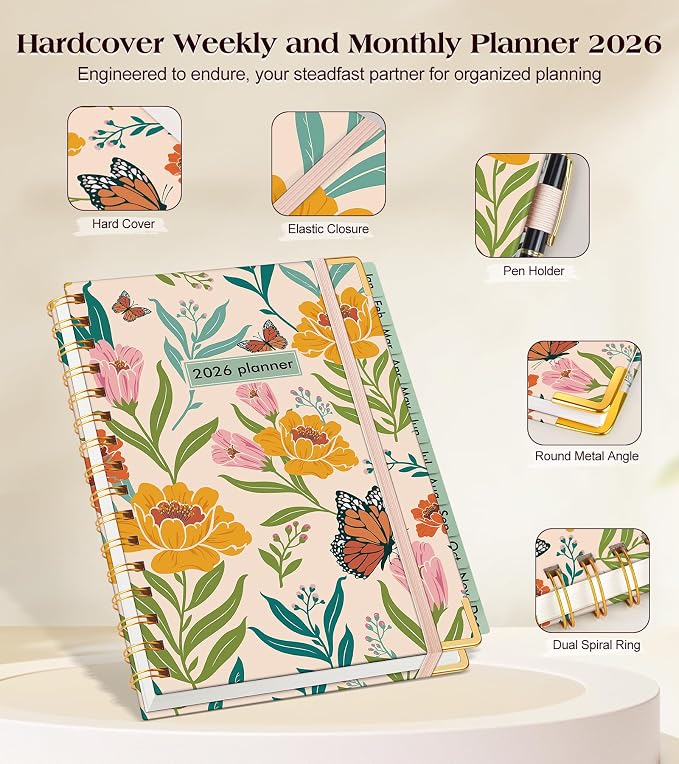2026 Planner, Hardcover Weekly and Monthly Planner for Women, January 2026 - December 2026, Spiral Yearly Agenda Organizer Book 2026 with Tabs, Daily Calendar Planners for School Work Home, A5 (5.75" x 8.38"), Yellow Floral