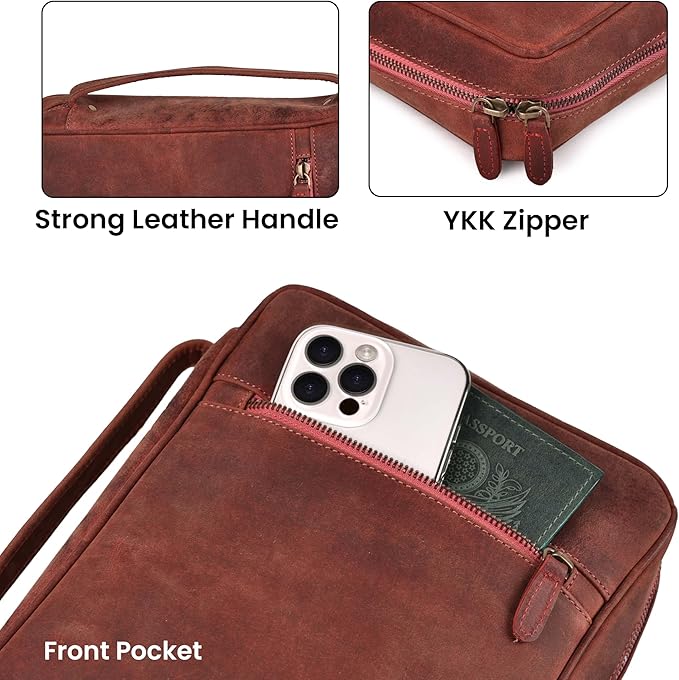 LEATHER VILLAGE Genuine Leather Bible Cover with Zipper for Men & Women - Large Bible Case Carrying Bag Book Cover & Organizer with Handle and Pockets - Leather Bible Covers for Church Study - Fuchsia
