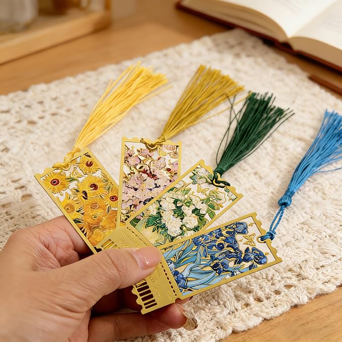 4 Pack Metal Bookmarks with Tassel, Oil Painting Style Decorative Bookmarks, Reading Page Markers for Book Lovers, Readers, Writers, Students, Adults, Men & Women