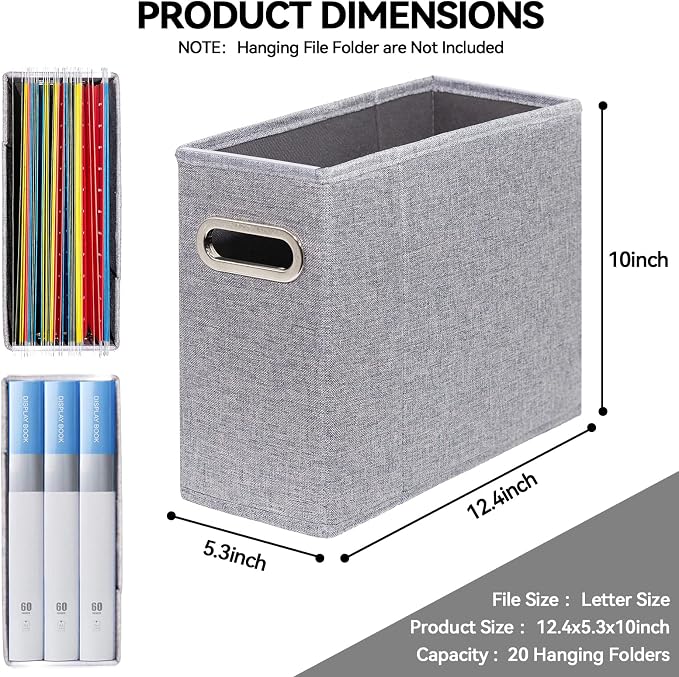 2 Packs Letter Size File Organizer, File Folders Organizer, Fabric Storage Box, Collapsible Paper Organizer with Metal Handle, Smooth PVC Rails, Only Box (Gray)