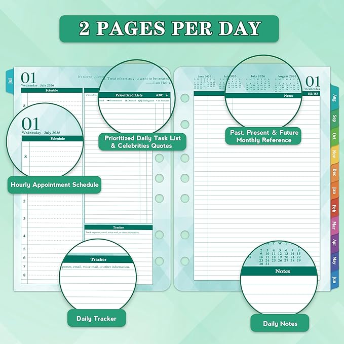 2026-2027 Planner Refills – Jul.2026 - Jun.2027, Two Pages Per Day Daily ＆ Monthly Planner, 5.5" x 8.4" Ring-Bound Organizer, Tabs, Quotes, Prioritized Task, Daily Tracker/Notes, Appointment Schedule