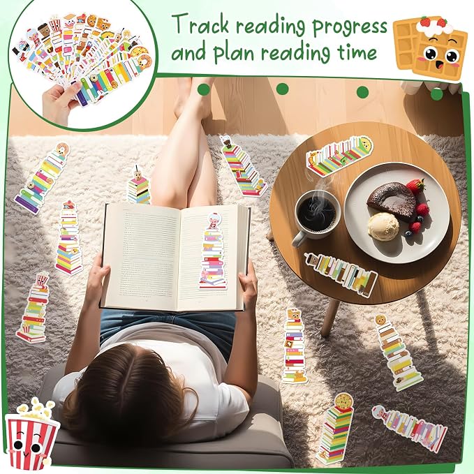 Kolldenn 150 Pcs Book Tracker Bookmarks Bulk 6.3 x 1.97 Inch Bookshelf Love to Read Bookmarks Paper Tracking Double Sided Reading Page Markers for Back to School Reading Lover(Snack)
