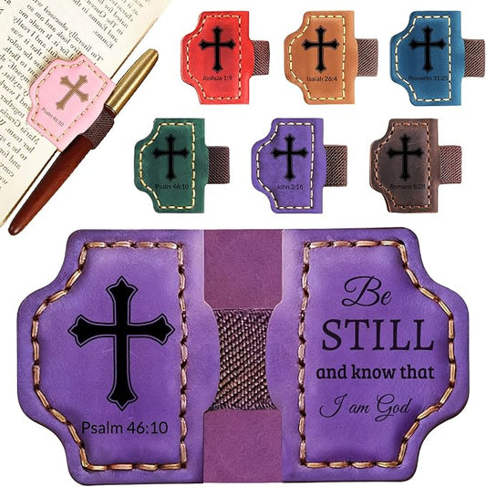 Bygone Mark Personalized Leather Bookmark with Pen Holder - Magnetic Bible Verse Design, Christian Book Lovers Reading Accessory, for Book Lovers Men Women (Purple, Psalm 46:10)