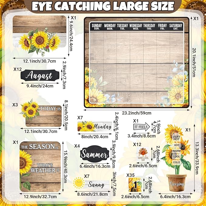Cholemy 85 Pcs Calendar Bulletin Board Set Classroom Calendar Bulletin Board with Numbers Month Weather Classroom Decoration Wall Decor for Chalkboard Back to School Supplies(Sunflower)