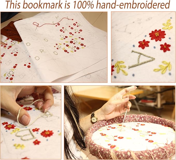 Personalized Hand Embroidered Corner Bookmark, Cute Flower Book Mark, Hand Stitch Gift for Women Book Lovers (J, White)