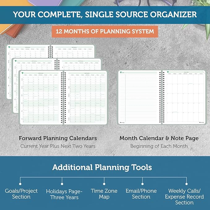 Planner Pad Spiral Bound January-December 2027/ Calender Year 8 1/2" x 11" Large 3-Tier Funnel Down 12 Month Organizer, Greenish Grey Cover/Soft Green Ink