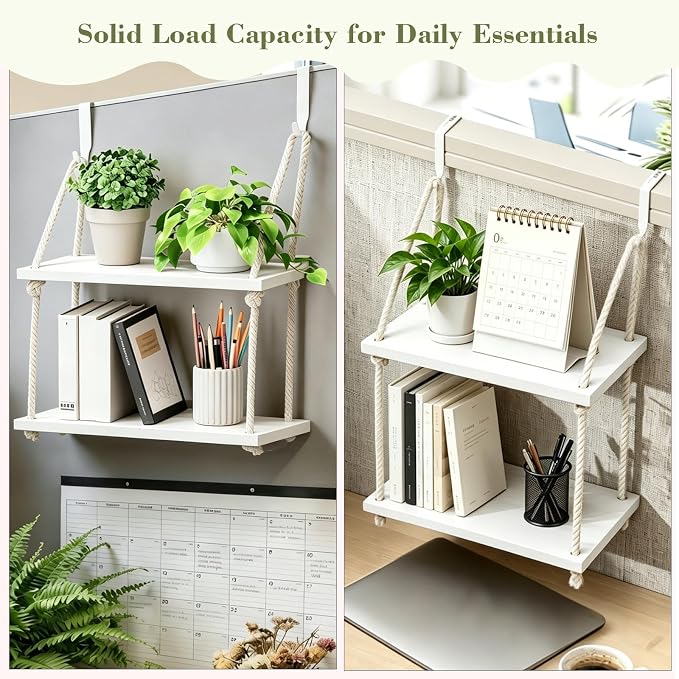 2 Tier Cubicle Shelf Hanging - 11.8 Inch Office Cubicle Wall Shelf with Rope Adjustable Hooks, Office Desk Accessories for Office Decor, Organizer, Storage in Workspaces