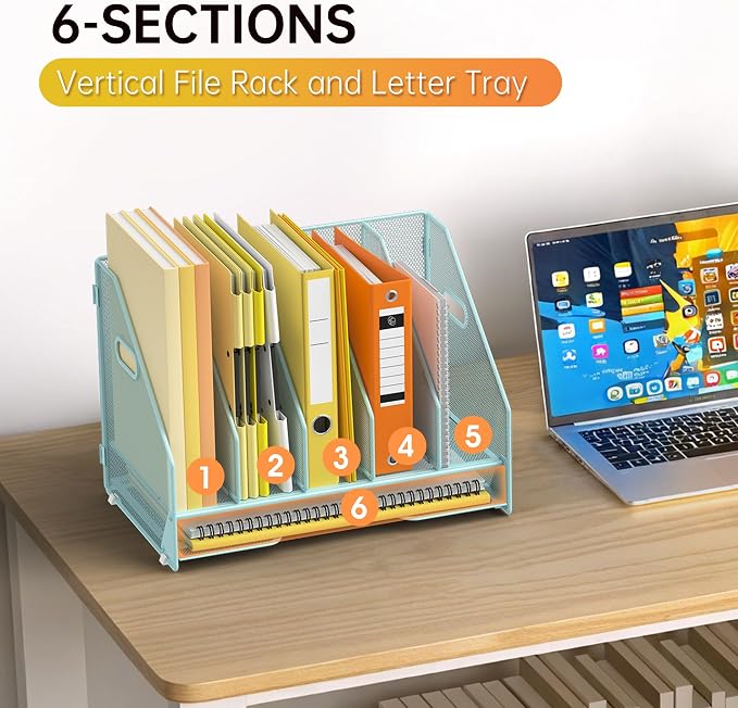 Docnest Desk File Holder Sorter, 5 Vertical Compartments Rack with Letter Tray, Mesh Magazine File Holder with Handle,Workspace Organizers,Desk Organizers for Paper, Mail, Documents-Blue