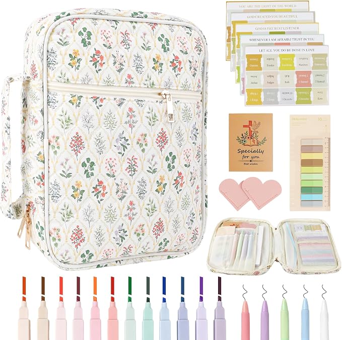 Allinside Bible Cover Case for Women - All-in-One Bible Study Kit with Accessory Pouch, 2 PU Heart Bookmarks, Waist Strap & Greeting Card | Bible Carrying Bag for Church, Prayer & Daily Devotion - Perfect Christian Gift