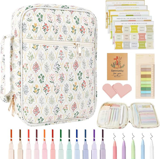 Allinside Bible Cover Case for Women - All-in-One Bible Study Kit with Accessory Pouch, 2 PU Heart Bookmarks, Waist Strap & Greeting Card | Bible Carrying Bag for Church, Prayer & Daily Devotion - Perfect Christian Gift