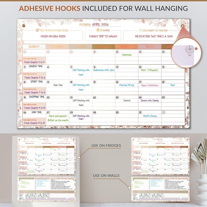 Magnetic Whiteboard for Fridge - Large Dry Erase Calendar for Wall | 3 Magnetic Dry Erase Board 10.5" x 16.5" & 7" x 16.5", Monthly Goal Setting & Habit Tracker, 5 Markers and 6 Adhesive Hooks