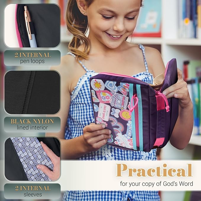 Christian Art Gifts Sturdy Polyester Fashion Bible Cover for Girls: I Am Strong Inspirational Scripture, Multicolor Stickered Design, Secure Zipper Pocket, Flowers & Rainbows, Purple & Pink, Small