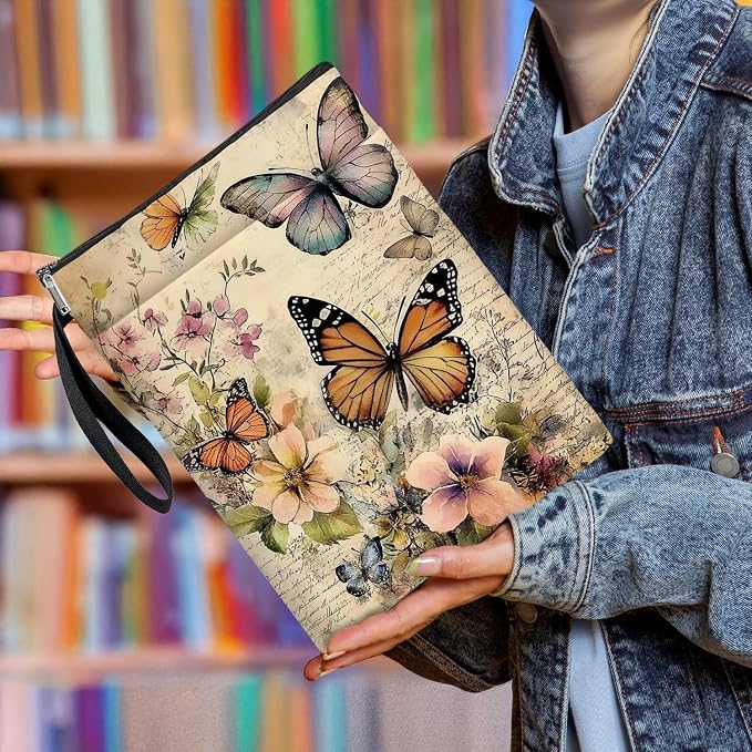 Vintage Floral Butterfly Book Cover, Waterproof Book Sleeve with Zippered Front Pocket Retro Flowers Book Pouch for Book Lovers, Christmas, Birthday, Graduation Gifts (Beige-Butterfly, Large)