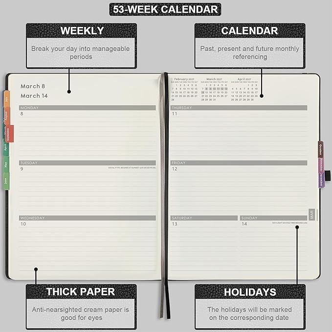 Planner 2026-2027 - JUL 2026 - JUN 2027, Planner Weekly and Monthly, Planner 2026-2027, 8.5" x 11", Leather Cover Planners with Thick Paper, Back Pocket with Notes Pages, Black