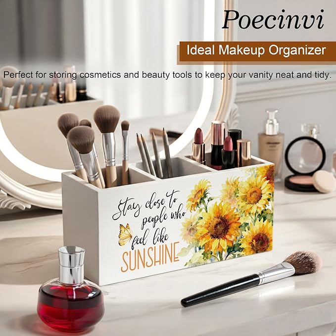 Inspirational Sunflower Pen Holder for Home Office Desk, Stay Close to People Who Feel Like Sunshine Motivational Wooden Box Sign Pencil Holder for Desk Shelf Organizer