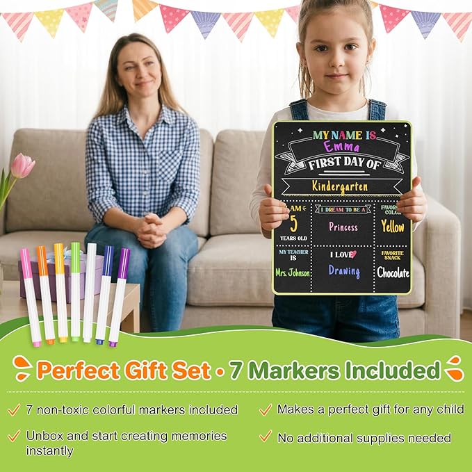 First & Last Day of School Sign - 11x14 Double-Sided Reusable Chalkboard with 7 Chalk Markers - Photo Prop Keepsake Gift for Kids Preschool Kindergarten 1st-5th Grade Back to School