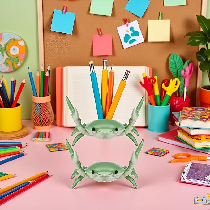 2Pcs Green Creative Crab Pen Holder Weightlifting Crabs Pen Stand Storage Rack, Pencil Holders Desk Supplies Holders and Dispensers, Desk Accessories and Workspace Organizer
