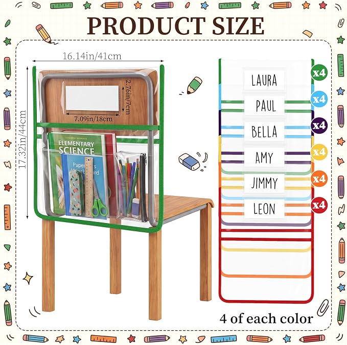 24 Pack Chair Pockets for Classrooms, 17 x 15 Inch Chairback Pocket with Name Tag Slot, Book Storage Bags for Library, Classroom, Office, Home