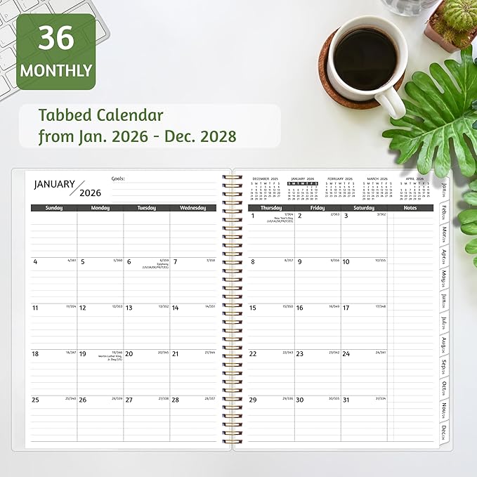 Monthly Planner 2026-2028, 36 Months Calendar Planner 2026-2028 from Jan 2026 – Dec 2028, 8.5'' x 11'' with Ruled Spread, Flexible Cover, Spiral Wirebound, Pocket, Coated Tabs, Notes ＆ Habit Tracker