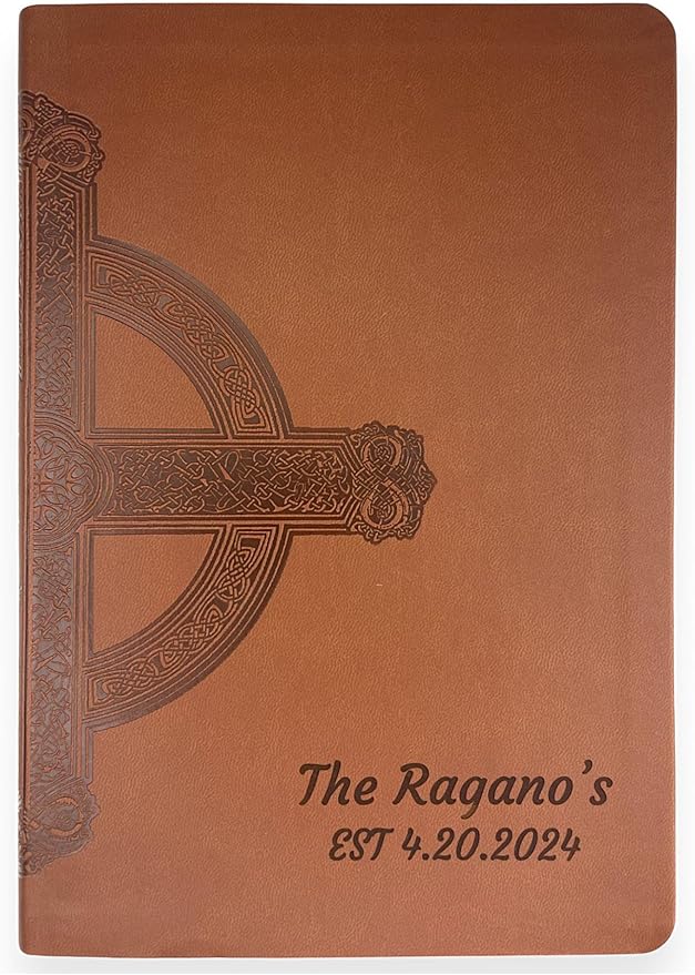 Personalized NLT Thinline Bible Faux Leather Large Print Size with Celtic Cross Design | Custom with Name, Date or Text | Gift for Religious Celebrations | Brown