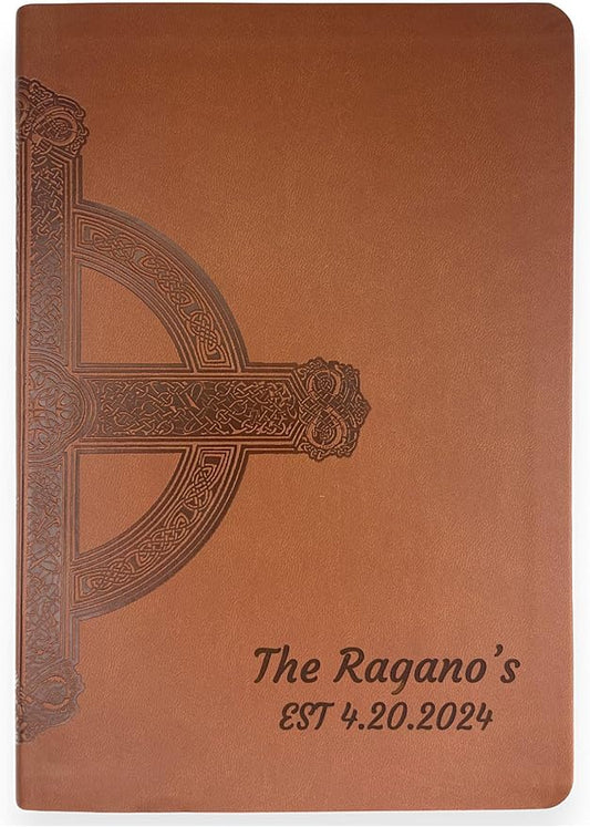 Personalized NLT Thinline Bible Faux Leather Large Print Size with Celtic Cross Design | Custom with Name, Date or Text | Gift for Religious Celebrations | Brown