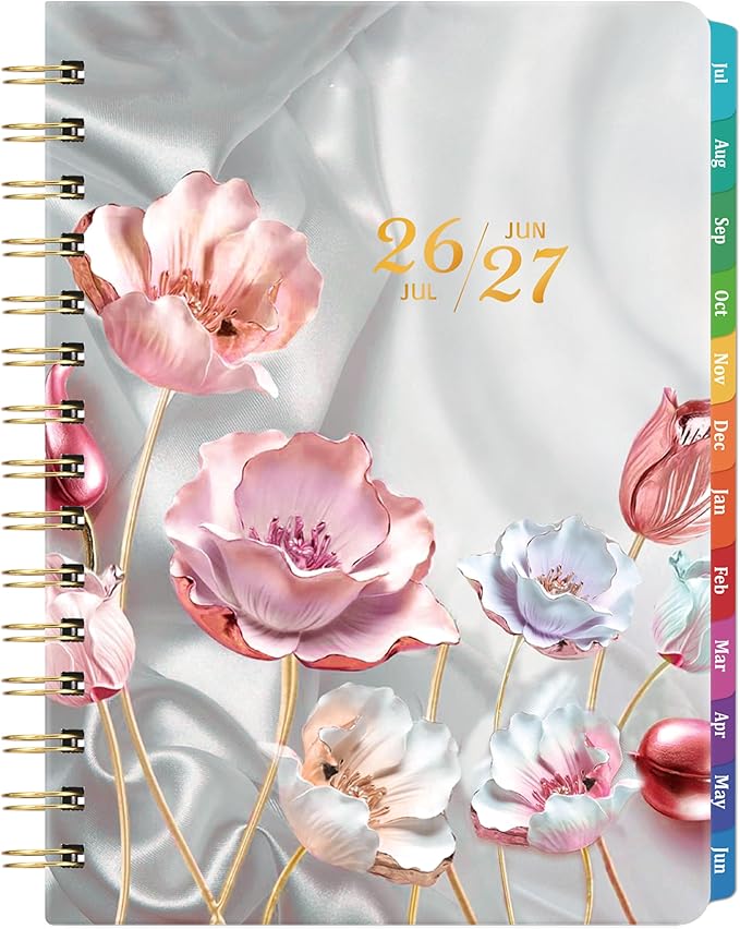 Bushypushy Planner 2026-2027 - Acdemic Planner 2026-2027 with Tabs, Jul. 2026 - Jun. 2027, 26-27 Calendar planner, Weekly and Monthly planner, 6.3" x 8.4", Back Pocket + Thick Paper - Pink Flower