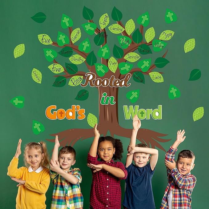 CY2SIDE Leaves Bible Tree Bulletin Board - 86PCS Rooted in God’s Word Tree Bulletin Board Set Green Leaves Name Tag Trees Cutouts Trim Borders for Faith Religious Sunday School Wall Decor