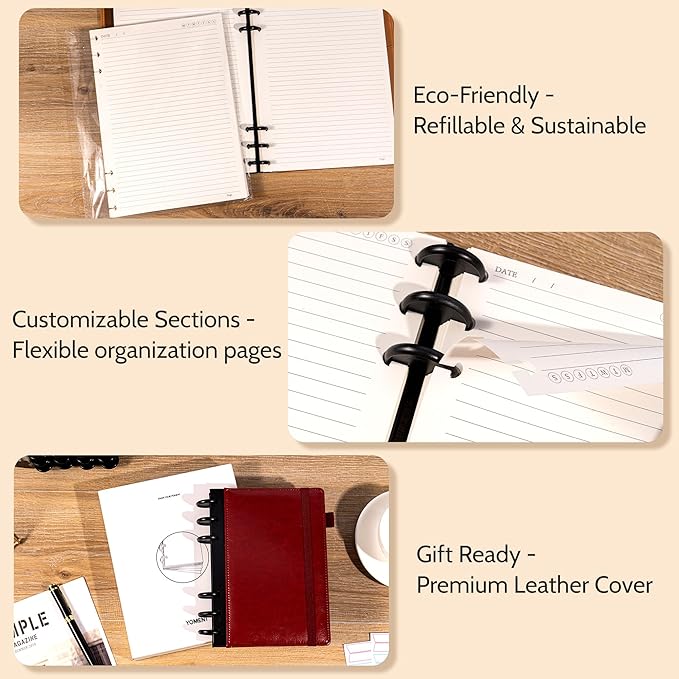 Refillable Notebooks for Work Discbound: Hardcover Notebook with 5 Subject Removable Dividers Tabs Colleged Ruled Small Journal for Writing Women Men 224 Pages,Dark Red