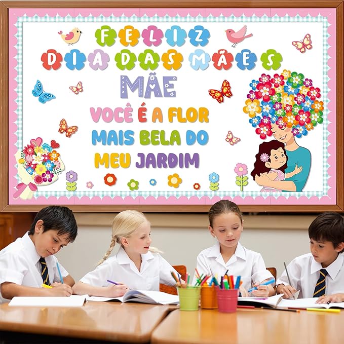 Mother's Day Bulletin Board Set Portuguese Happy Mother's Day Classroom Decoration Feliz Dia DAS MAES Flower Cutouts for Mom Floral Birthday Party School Classroom Home Window Supplies