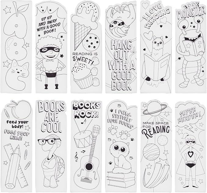 Juvale Bookmarks for Kids - 24-Pack, 2 x 6 in, White Cardstock - DIY Kit & Color Your Own Bookmarks with Bookworm Designs for Classroom Art & Party Favors