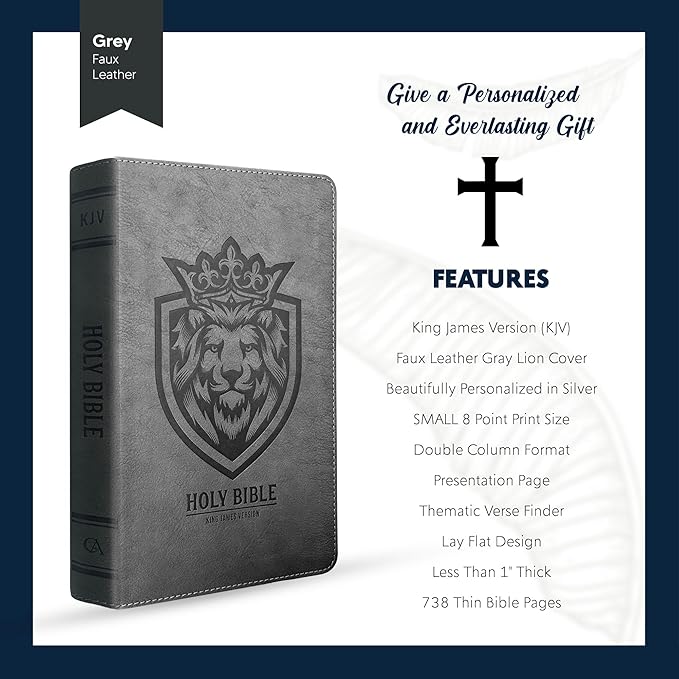 Custom KJV Holy Bible with Personalized Name Silver Imprint | Gray Faux Leather King James Version | Lion Emblem Cover | Silver Gilded Pages | Gift Bible for Religious Occasions | Small 8pt Text