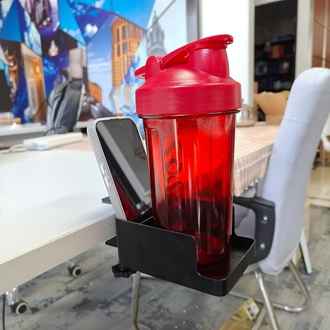 2-in-1 Wite Anti-Spill Desk Cup Holder Clamp on Desks Edge, Cups and Phone Storage for Desktop, Desk Cup Holder Clamp use for Office and Home, 1Pack