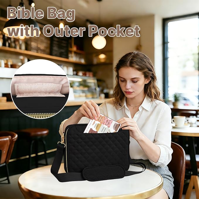 PUGPIU Bible Cover Case for Women, Large Quilted Bible Bag with Shoulder Strap and Handle, Bible Study Supplies Journaling Kit with Highlighters Pens No Bleed Tabs Notebook Cross Clips, Black
