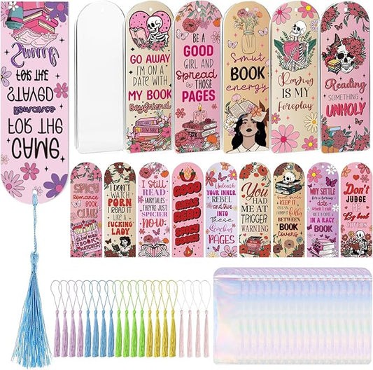 Dazoratix Dark Romance Acrylic Bookmarks - 60 Pcs Smut Blanks Bookmark Making Kit with Tassels Funny Spicy Clear Pink Bulk UV DTF Transfer Stickers for Book Lovers Women Girls Reading DIY Crafts Gifts