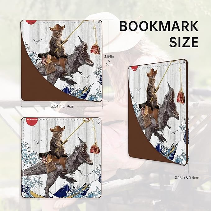 2 Pack Funny Cat and Dinosaur Leather Book Corner Bookmark, Durable Handmade Reading Accessories - Gifts for Readers, Women, Men, Teachers, Students