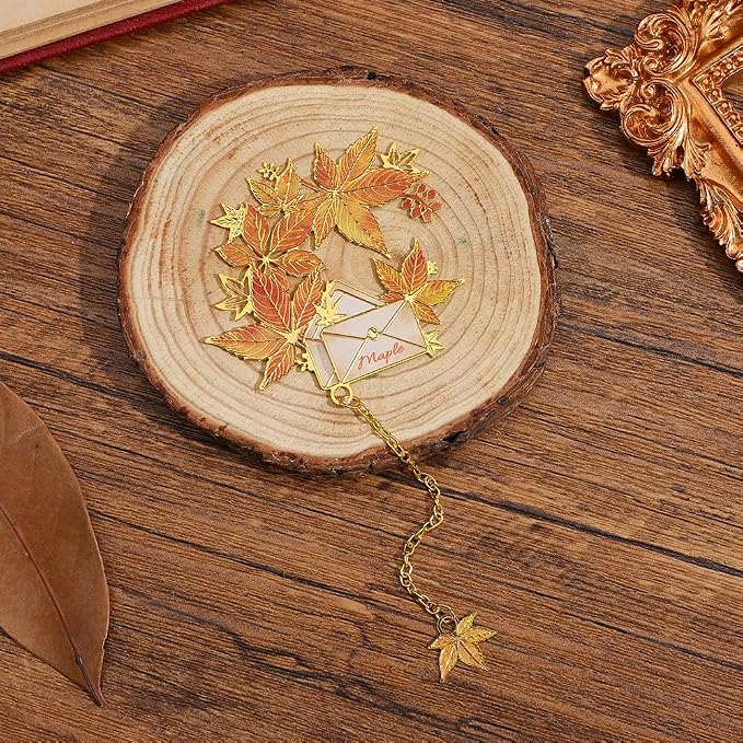icceemee 2PCS Maple Leaf Theme Bookmark, Cute Bookmark for Women with Hollow-Out Square & Irregular Design, Natural Tassel Book Marks Set in Gift Box, for Book Lovers