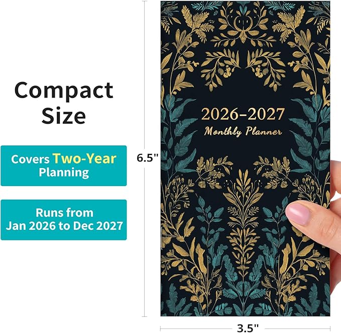 Pocket Calendar 2026-2027 for Purse, Two Year Monthly Planner Pocket Size 6.5" x 3.5", Jan 2026 - Dec 2027 Monthly Planner Small Calendar for School, Work and Home - Hidden Bloom