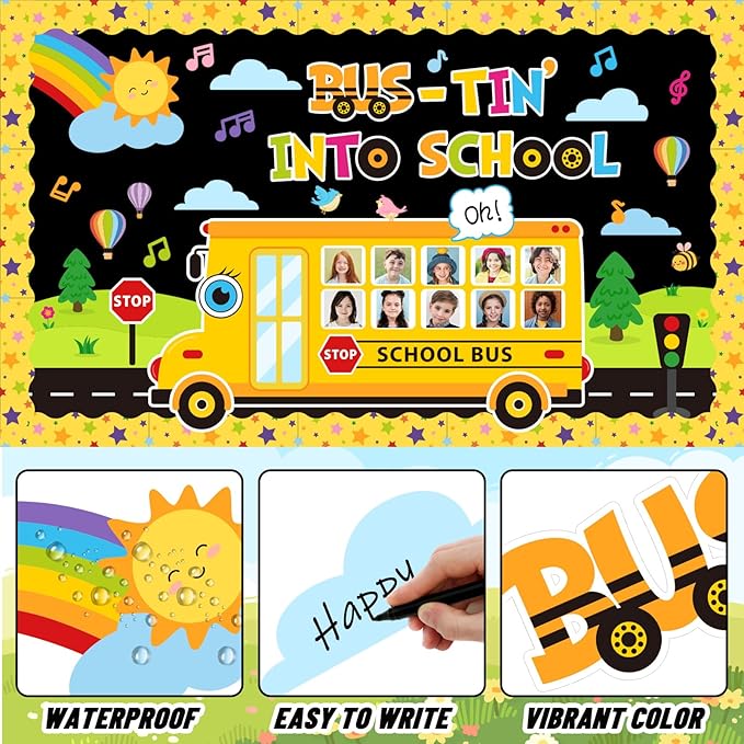 FYSUIMU 72 Pcs Back to School Bus Bulletin Board Decoration Set Yellow Bus-Tin Into School Photo Paper Cutouts with 150 Pcs Glue Points for DIY Crafts Classroom Party