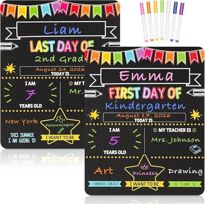 First and Last Day of School Sign - 11x14 Double-Sided Non-Glare Chalkboard with 7 Chalk Markers - Photo Prop Keepsake Gift for Kids Preschool Kindergarten 1st-12th Grade Back to School