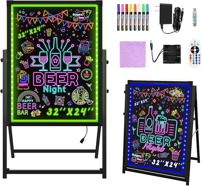 Hosim Standing A-Frame LED Message Writing Board, 32”x 24" Illuminated Erasable Neon Restaurant Menu Sign Board with 8 Colors Markers & 16 Lighting Colors DIY Chalkboard Light Up Sign