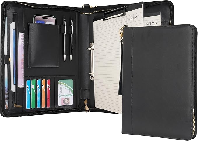 Wason A4 Portfolio with Zipper - Leather PU Padfolio with Detachable Ring Binder and Writing Notepad Holder, Conference File Multi-Pockets Organizer for Office Travel School (Black)