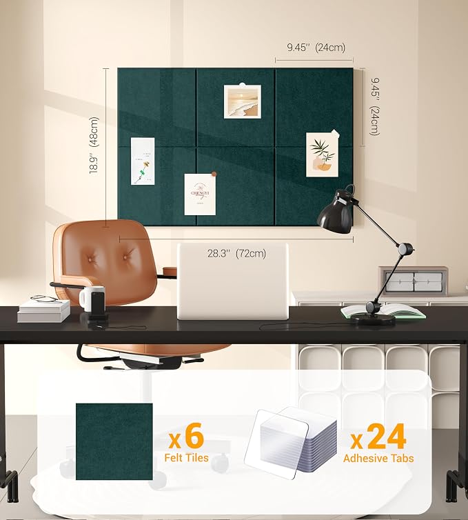 1/2" Thick Cork Board for Office, 6 Pack Felt Wall Tiles -28"x18" with Safe Adhesive Tabs, Large Bulletin Board, Push Pin Board Organizer Wall - Forest Green